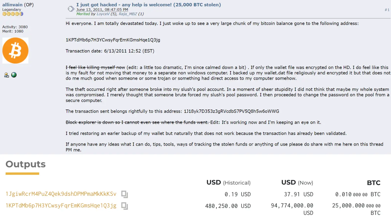 A photo representation of the Bitcoin event, The first major Bitcoin theft occurs, draining someones wallet of 25,000 BTC