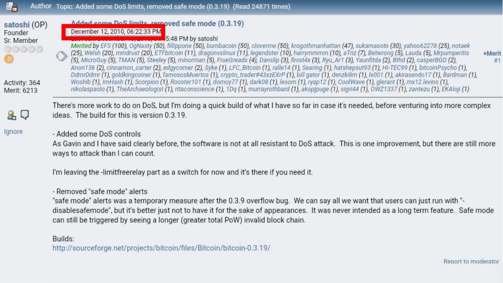 A photo of the Bitcoin event: Satoshi Nakamoto writes their last message on Bitcointalk Forum