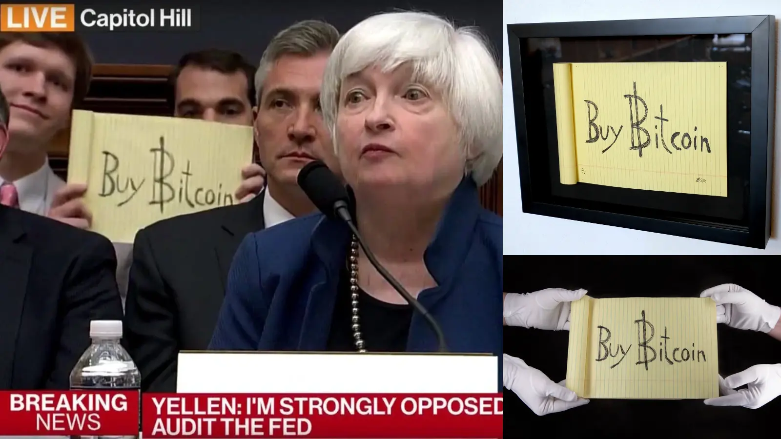 A photo representation of the Bitcoin event, The original "Buy Bitcoin" signed used in the Federal Reserve photobombing sold for 16 BTC over $1M at the time