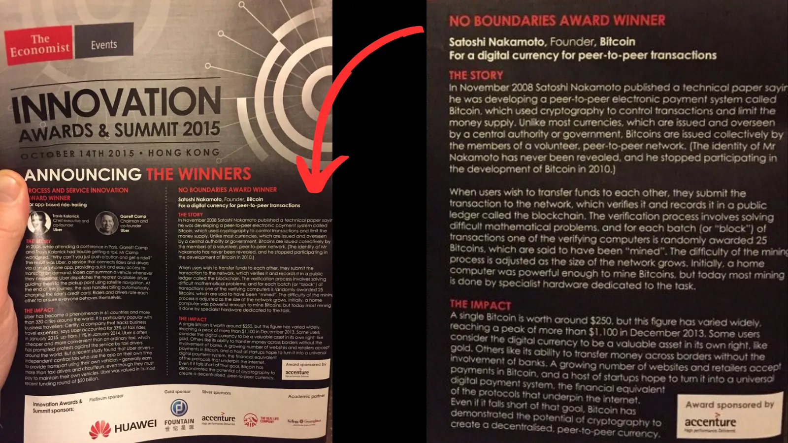 A photo of the Bitcoin event: Bitcoin creator, Satoshi Nakamoto was awarded the innovation prize by the Economist