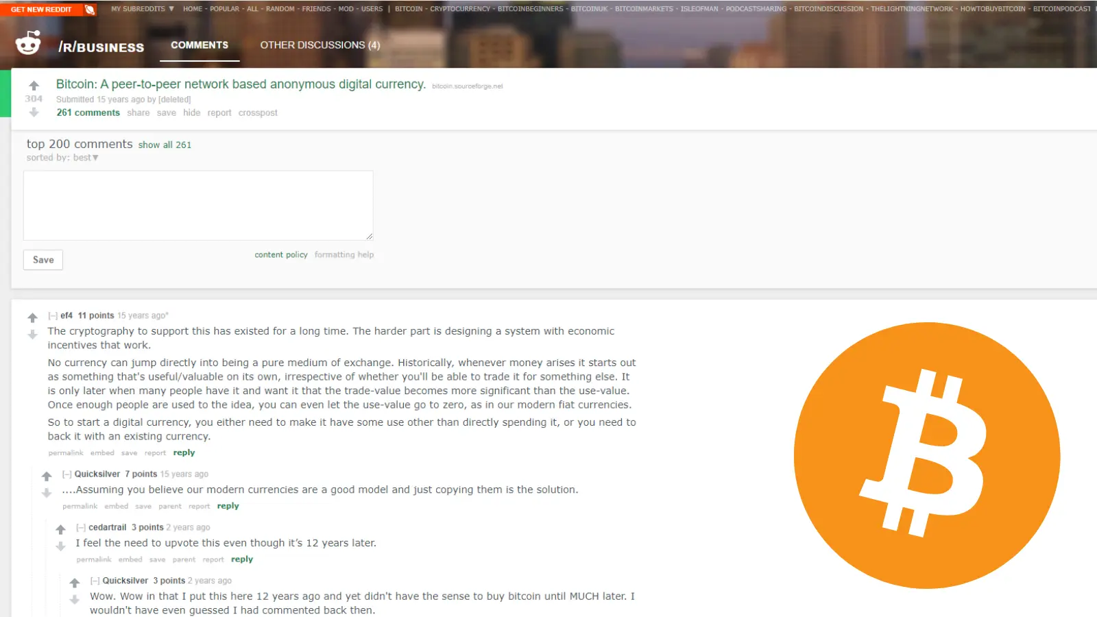 A photo of the Bitcoin event: The first Bitcoin Reddit thread, which was posted to r/business and linked to Bitcoin's SourceForge project