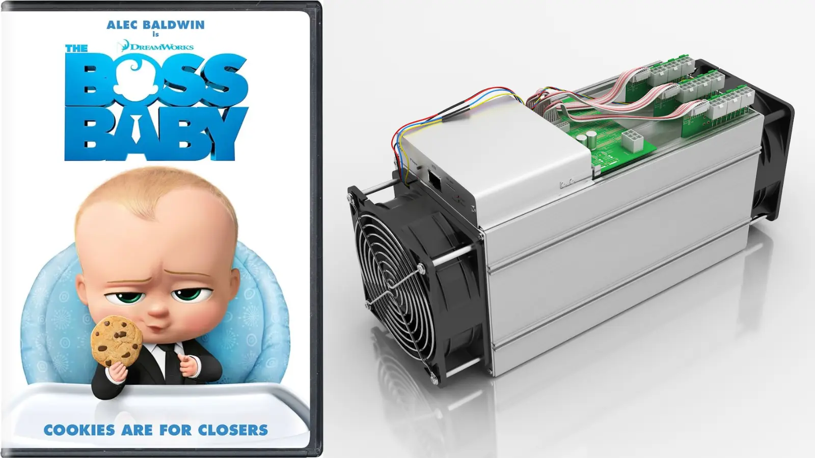 A photo representation of the Bitcoin event, Man orders Bitcoin miner from Amazon and receives Boss Baby DVD instead