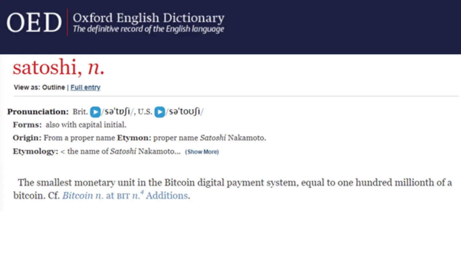 A photo representation of the Bitcoin event, The word "Satoshi" is added to the Oxford English Dictionary